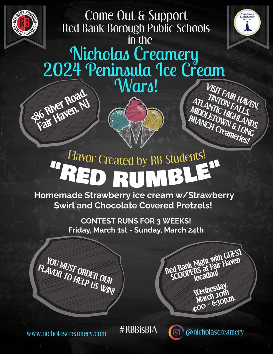 We proudly present "Red Rumble" as part of the Peninsula Ice Cream Wars which run from March 1-24 at Nicholas Creamery in Fair Haven, Atlantic Highlands, Middletown, Tinton Falls &amp; Long Branch. Join us on March 20th from 4-6:30 PM for Celebrity Scoop Night in Fair Haven! #Yummy