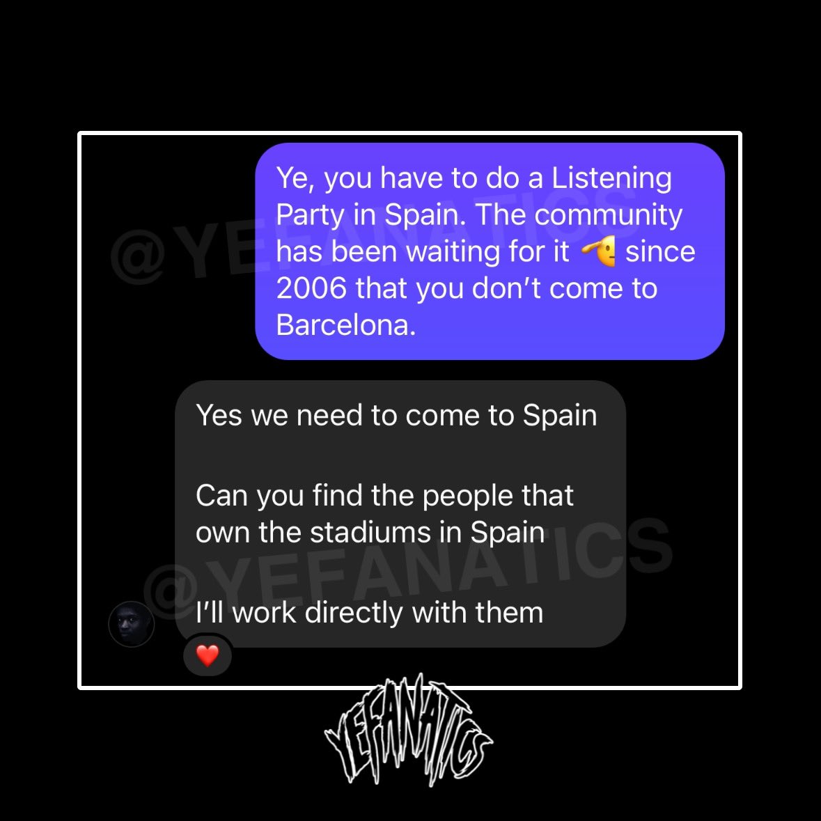 Ye x #VulturesTourSpain .

<a href="/PalauSantJordi/">Palau Sant Jordi</a> <a href="/bcn_ajuntament/">Ajuntament de Barcelona</a> <a href="/Atleti/">Atlético de Madrid</a> <a href="/RCDEspanyol/">RCD Espanyol de Barcelona</a> <a href="/gencat/">Generalitat de Catalunya</a> <a href="/realmadrid/">Real Madrid C.F.</a>