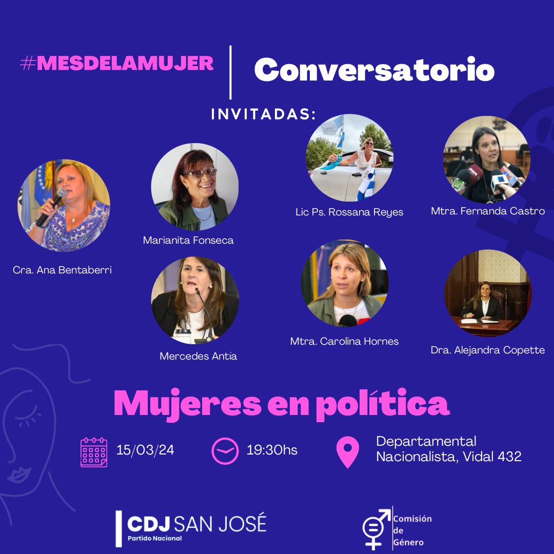 #MesDeLaMujer Este viernes 15 de marzo tendremos la visita de diferentes dirigentes políticas del Partido Nacional, dándole finalización a las actividades que se llevaron adelante durante el Mes de la Mujer.

Te esperamos!

#cdjdetodos