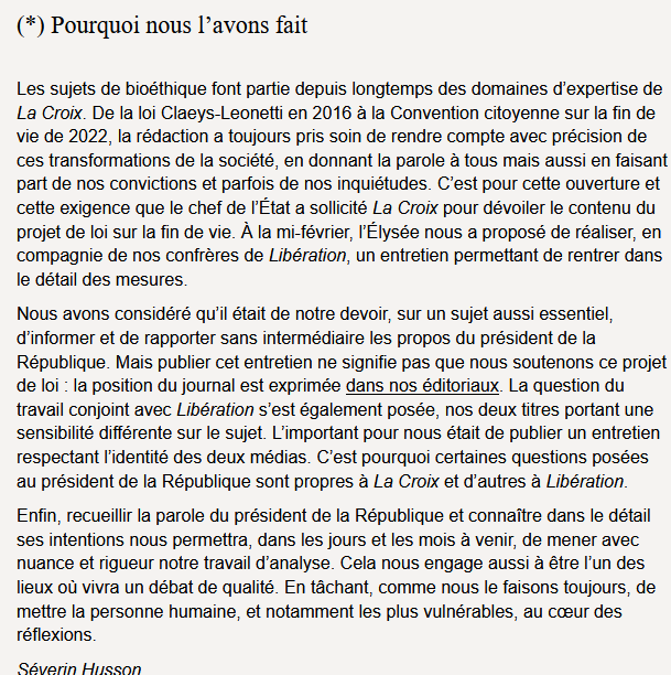 Making-of intéressant de @LaCroix, précisant notamment que 'publier cet entretien ne signifie pas que nous soutenons ce projet de loi' (l'édito qui l'accompagne est d'ailleurs titré 'l'inquiétude' : la-croix.com/a-vif/aide-a-m…) #FindeVie