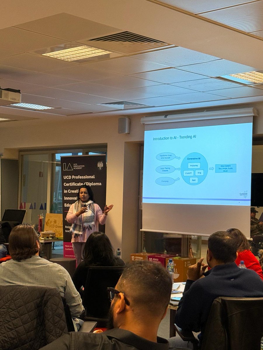 sanalmgr's tweet photo. Recently co-delivered an impactful session with @UCD Innovation Academy &amp; my @CeADARIreland  colleagues, Anwesha &amp; Arsalan Shahid, for EXL VPs! 

🚀 Two days of intense AI prototyping &amp; innovation training. Witnessing these leaders embrace AI for business solutions was inspiring. https://t.co/hnFwUT59bC