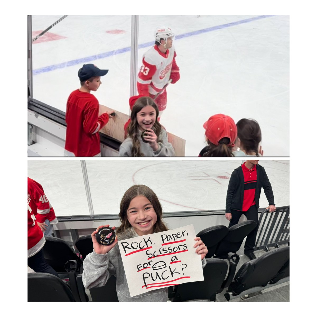 samanthasisney's tweet photo. Flew to Vegas from the PNW for the @DetroitRedWings game that was last night. It was our first NHL game and @Brinksy97 tossed Mackenzie and the two boys next to her a puck. Thanks for making this experience a memorable one! The sign was a fun addition! https://t.co/Vs8E3r0kZ5