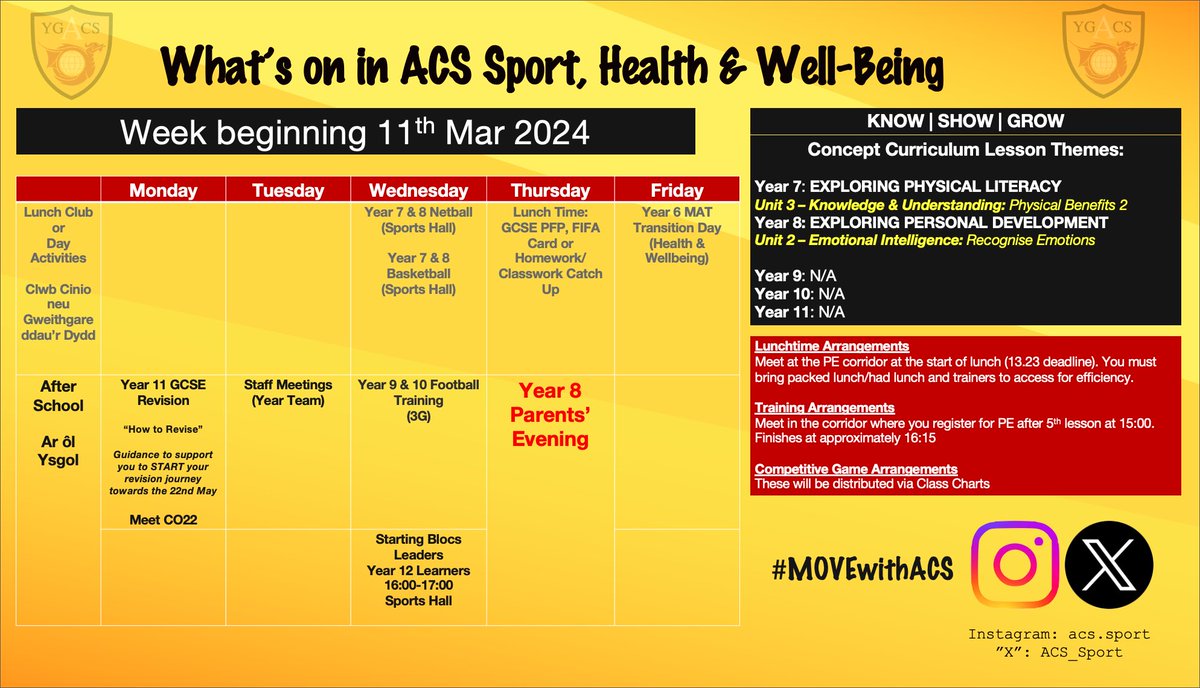 🚨Sport & Well-being Programme - WB 11th March🚨 All information sent out on Class Charts - a range of sports, activities and academic sessions throughout the week ahead. @AberdareSchool #MOVEwithACS 🐉