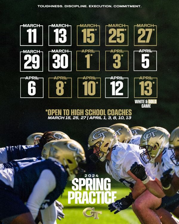 High School Coaches come join us for spring ball, gold dates on calendar are open practices!