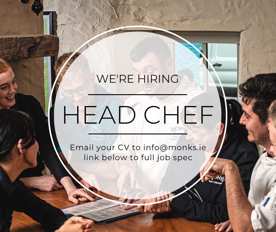 Monks is looking for a Head Chef to help guide the kitchen with Exec Chef Daniel Daly. This is a face paced environment suitable for someone with previous Head Chef experience or a Sous Chef looking to take the next step. jobs.ie/job/head-chef/…
