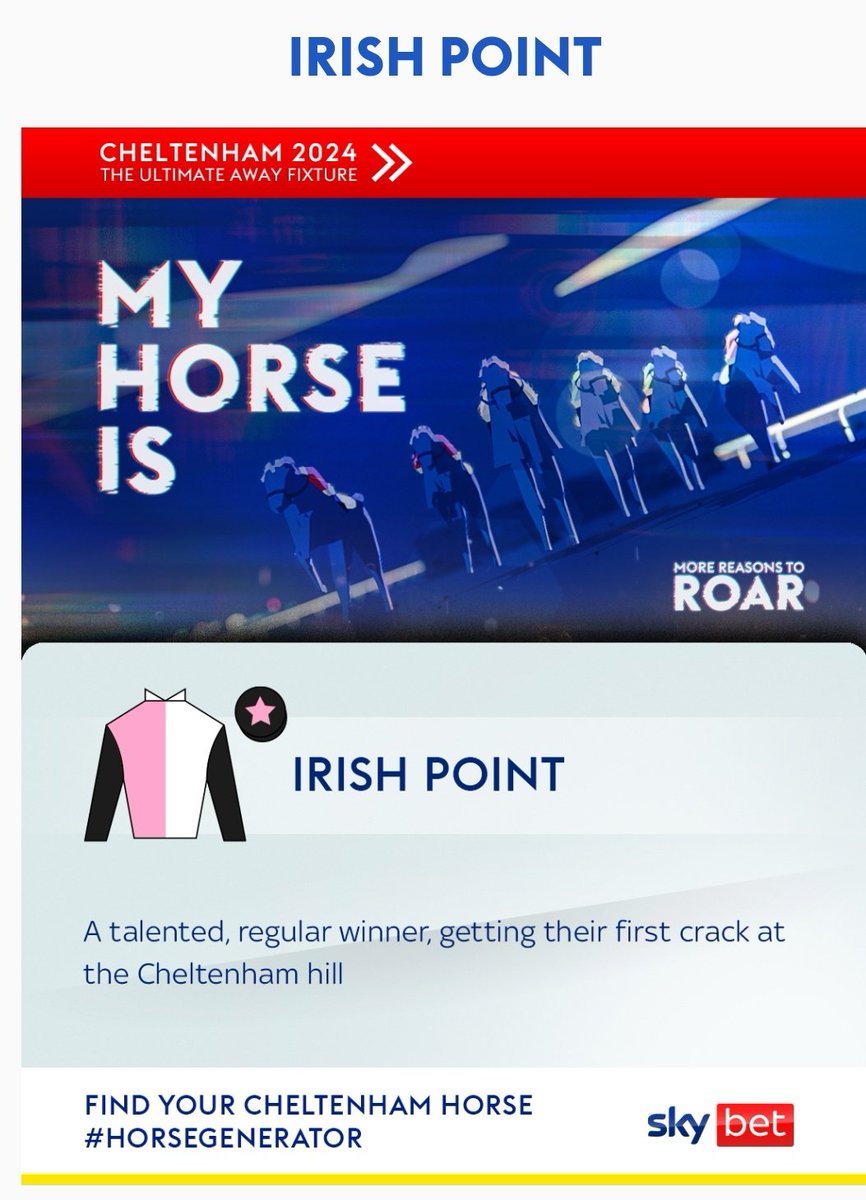 icezebra99's tweet photo. @SkyBet I just found my horse for Cheltenham on the @SkyBet #HorseGenerator!

Answer 5 questions about your football club &amp; find your horse at https://t.co/87quVwuzsR https://t.co/pYUjnpVX7v