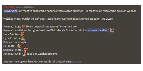 Aktuell findet auf dem Discord eine Umfrage zu Motiven für Tassen Merch statt. Nehmt gerne daran teil und stimme mit ab! :D
discord.com/channels/65867…

#Twitch #Twitchstreamer #Merchandise #Anjunaut #Anjunity