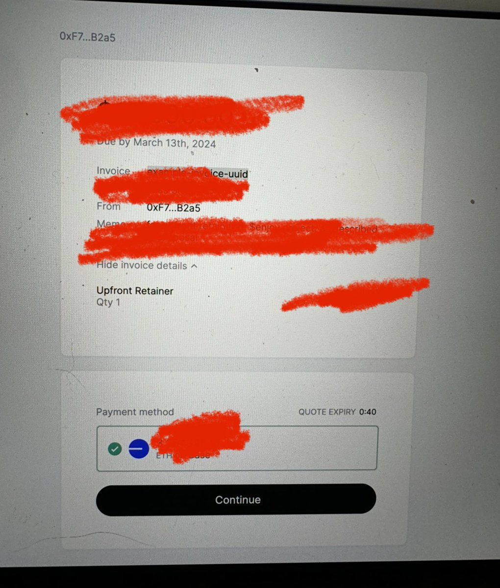 wowow - just sent my first services invoice in <a href="/base/">Base</a> eth using @RadomNetwork - can’t recommend highly enough… frictionless, truly unbelievable pricing/txn fees… took me about 5m to pull together, if that. 

<a href="/jessepollak/">jesse.base.eth</a> - have you used this before? awesome B2B experience.