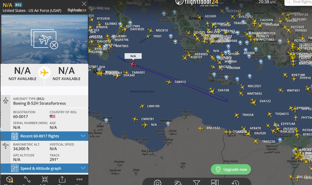 rjsincs's tweet photo. Woah! #B52 #Buff #AE5878 what a pleasant surprise to see over the #Mediterranean lol https://t.co/nXbl1mhaNu