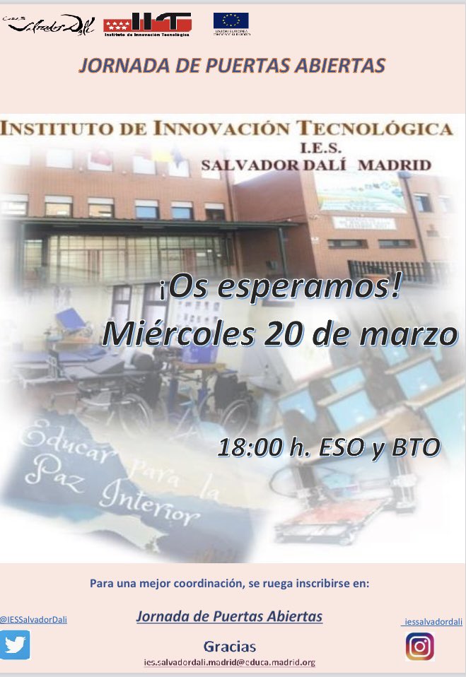 Os esperamos en la Jornada de Puertas Abiertas el miércoles 20 de marzo a las 18:00h. ¡No te la pierdas!  Inscribirse desde la web o en site.educa.madrid.org/ies.salvadorda…