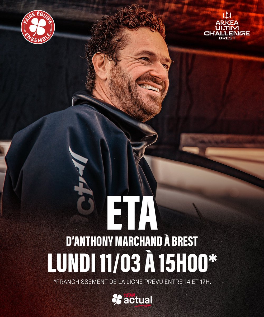 ETA | @_AnthoMarchand devrait franchir la ligne d'arrivée de l’@ARKEAULTIMCHALL ce lundi 11 mars entre 14H et 17H. Plus de précisions vous seront communiquées demain matin. Encore 400 milles à parcourir pour 𝗔𝗻𝘁𝗵𝗼. 𝗗𝗲𝗿𝗻𝗶𝗲̀𝗿𝗲 𝗹𝗶𝗴𝗻𝗲 𝗱𝗿𝗼𝗶𝘁𝗲 ! #GOANTHO 🔴⚫️