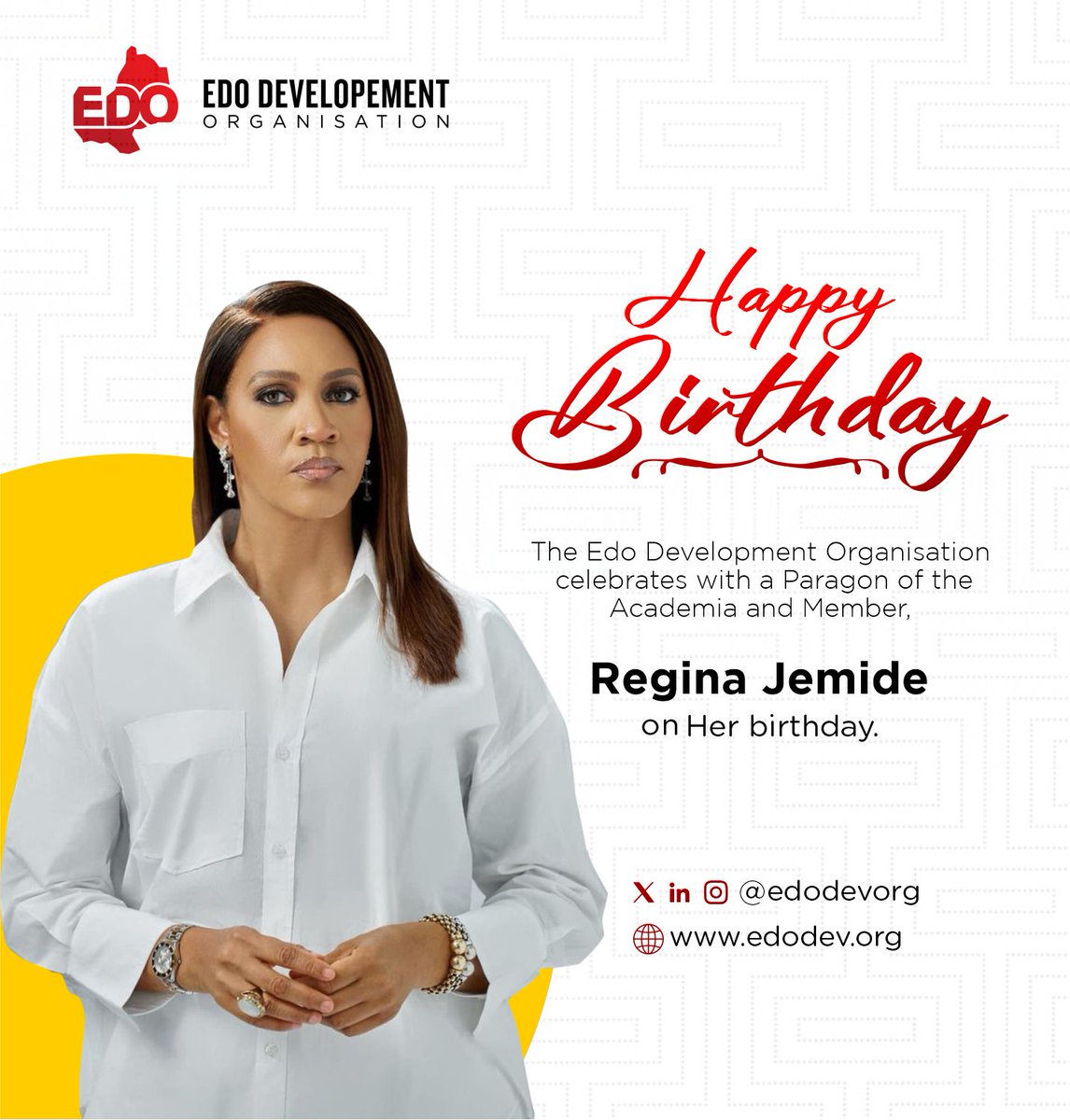 edodevorg's tweet photo. Happy Birthday, @JemideRegina
Congratulations on a good year!
You have all of our best wishes and heartfelt prayers for this chapter, and for all time.
Cheers! 🎉🥂🤍❤️
#EdoDevOrg
#EDOBirthdays
#EdoDevelopmentOrganisation https://t.co/ZgvoycX2ox