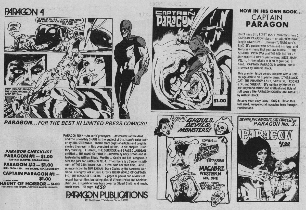 Time for another blast from the past!  Here's ad ad that appeared in the Buyer's Guide for Comic Fandom # 25, dated November 1972, for Bill Black's Paragon Publications fanzines.  Listed in this ad is Paragon #4, as well as 1 &amp; 3 (#2 must have sold out?) and Captain Paragon #1.