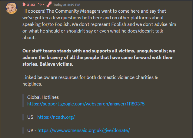 FoolishMods's tweet photo. Sharing the statement from the Community Managers in the discord. 

Believe victims. 

Links in reply tweet. https://t.co/WIDR6Q5rqc