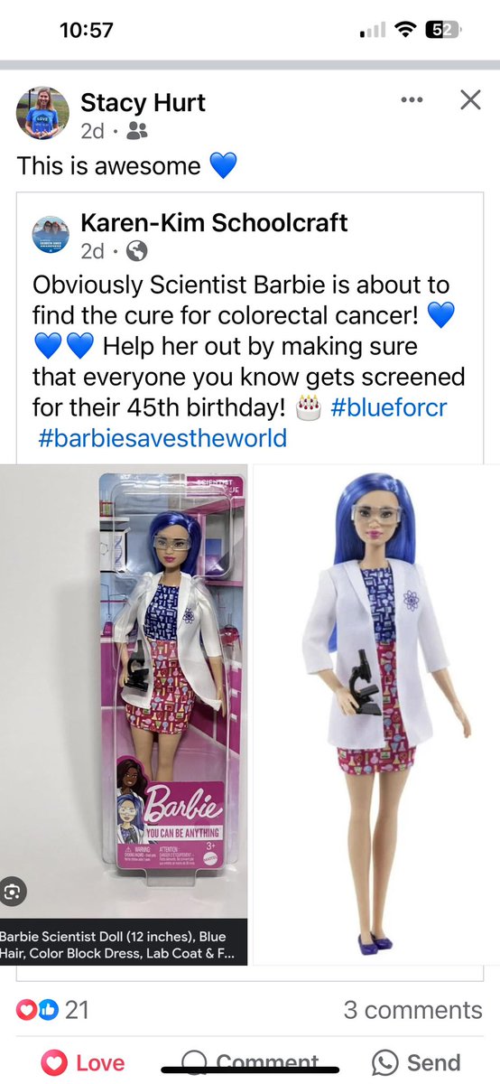 Borrowed from @stacy_hurt ‘s friend - too good not to share - especially with International Women’s Day on Friday during #ColorectalCancerAwarenessMonth . 💙 the blue hair on Scientist Barbie!