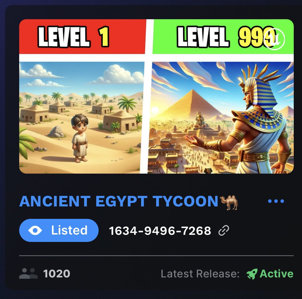 We just hit a huge milestone - 1k players!🚀 
We’re super grateful for all players playing our map and for the positive feedback! A lot more maps is in the making so stay tuned for the future!🍾
Send your times on X for chances of joining the leaderboard Ancient Egypt Tycoon!🚀🚀
