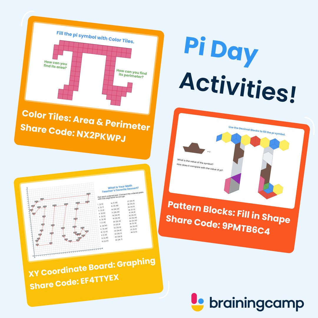 Plan ahead for Pi Day with three activities to choose from! 1️⃣ Color Tiles: NX2PKWPJ 2️⃣ Pattern Blocks: 9PMTB6C4 3️⃣ XY Coordinate Board: EF4TTYEX