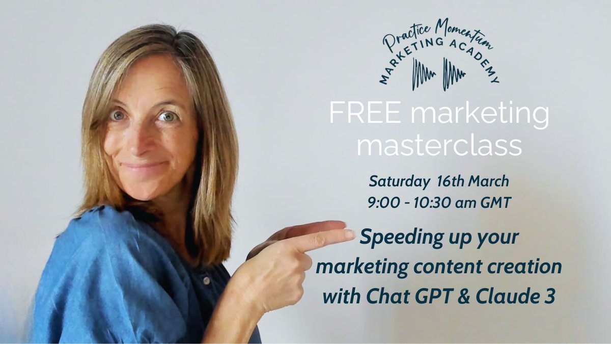 practicemoment's tweet photo. NEW FREE AI MARKETING WORKSHOP
Saturday 16th March 9:00 am GMT
Join me live to learn the essentials of ChatGPT and Claude 3 effectively in your practice marketing. 

 "Wait Jill - WTF Claude 3?"

Yep - there's a new AI kid in town!!!

Register here https://t.co/0G2KwzUH2v https://t.co/ScAZ8ZzEOn