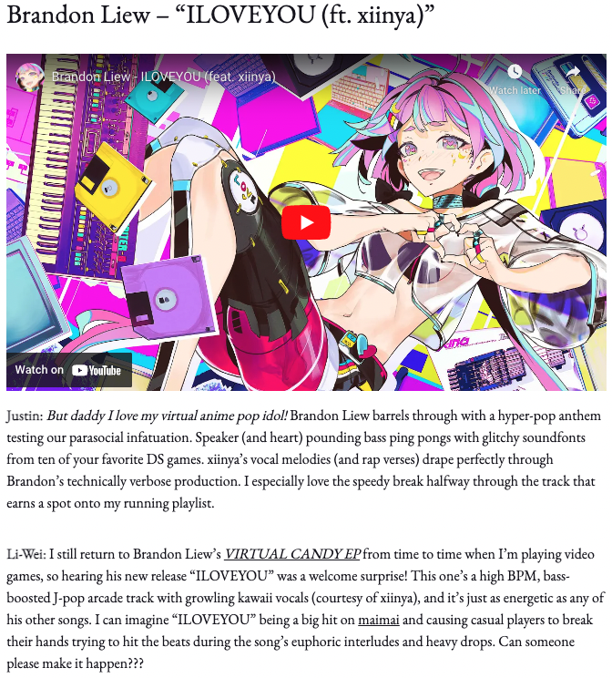 "technically verbose" is an apt way of describing my production style lmao. i'm a maximalist at heart and love fitting as many sounds as i can into my music

thank you <a href="/fromtheintercom/">From The Intercom</a> for your kind words on "ILOVEYOU" in your weekly bullet review