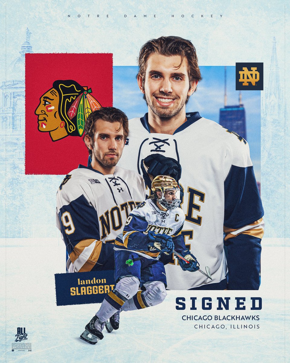 Officially a 𝙱𝚕𝚊𝚌𝚔𝚑𝚊𝚠𝚔 🏒

Congrats to our captain <a href="/slaggs_9/">Landon Slaggert</a> on signing his first pro contract with the <a href="/NHLBlackhawks/">Chicago Blackhawks</a>!  

🔗 fightingirish.com/slaggert-signs…

#GoIrish