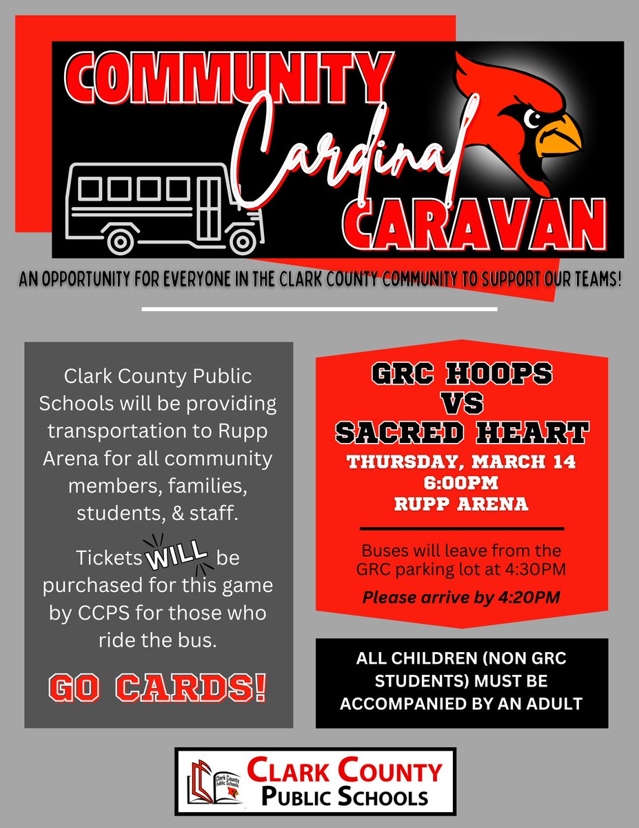 CCPSGoCards's tweet photo. The Cardinal Caravan is back! GRC Hoops will meet the Sacred Heart Valkyries at 6 p.m., Thursday, in the Sweet 16 at Rupp Arena. Superintendent Howard and the Board of Ed are providing FREE tickets and transportation to EVERYONE. Join us as we pack out Rupp Thursday. #GoCards https://t.co/INIYzEqnjw