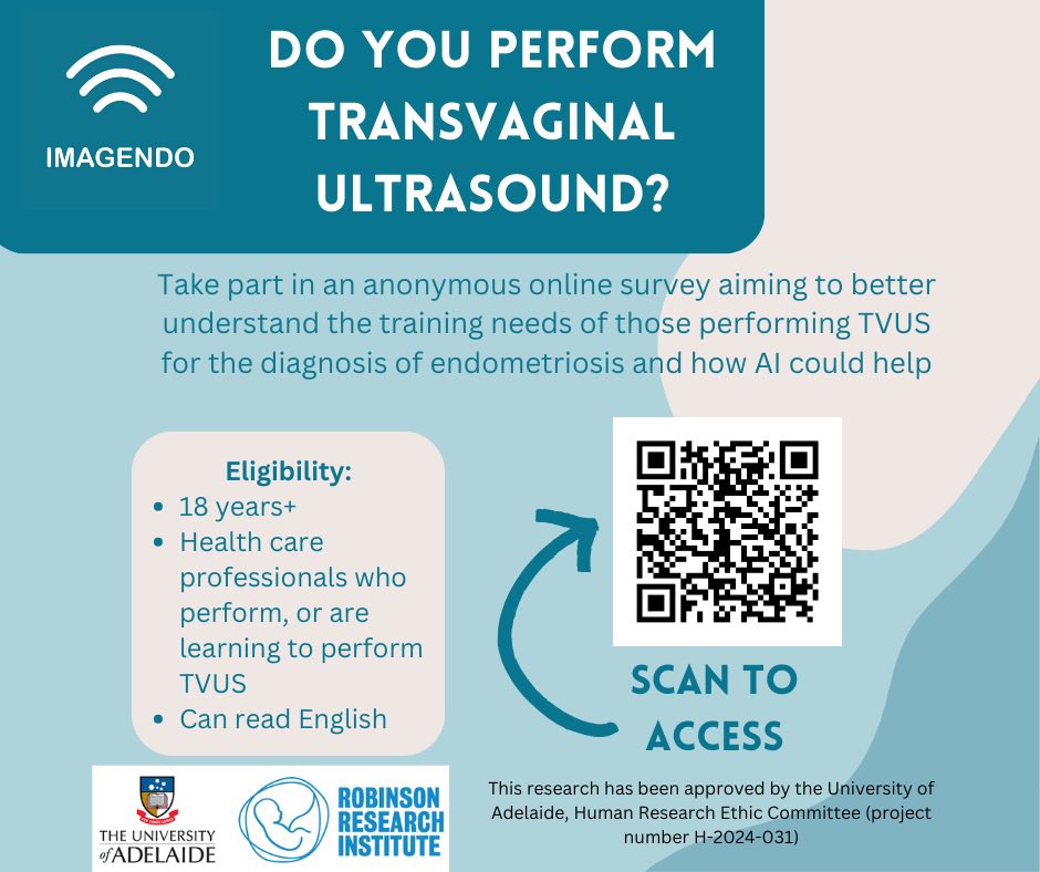 🌟 Participate in our survey on #ultrasound training for #endometriosis diagnosis   ✨ Open to 👩‍⚕️Experienced healthcare professionals in TVUS for endo 👨‍⚕️Those learning TVUS for endo 🌍 Worldwide participants   Pls complete the survey & RT   Survey link: adelaideuniwide.qualtrics.com/jfe/form/SV_7V…