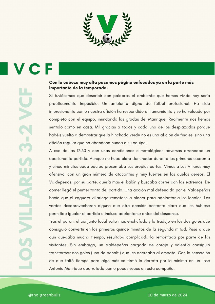 LOS VILLARES CF 3-2 VALDEPEÑAS CF

Con la cabeza muy alta pasamos página enfocados ya en la parte más importante de la temporada.