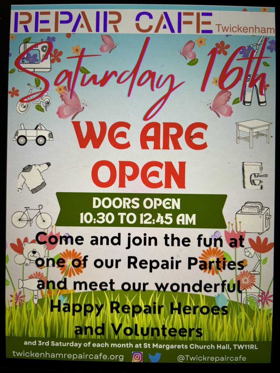 TwickRepairCafe's tweet photo. Twickenham Repair Cafe / Saturday 16th https://t.co/lWnSGCQiUy