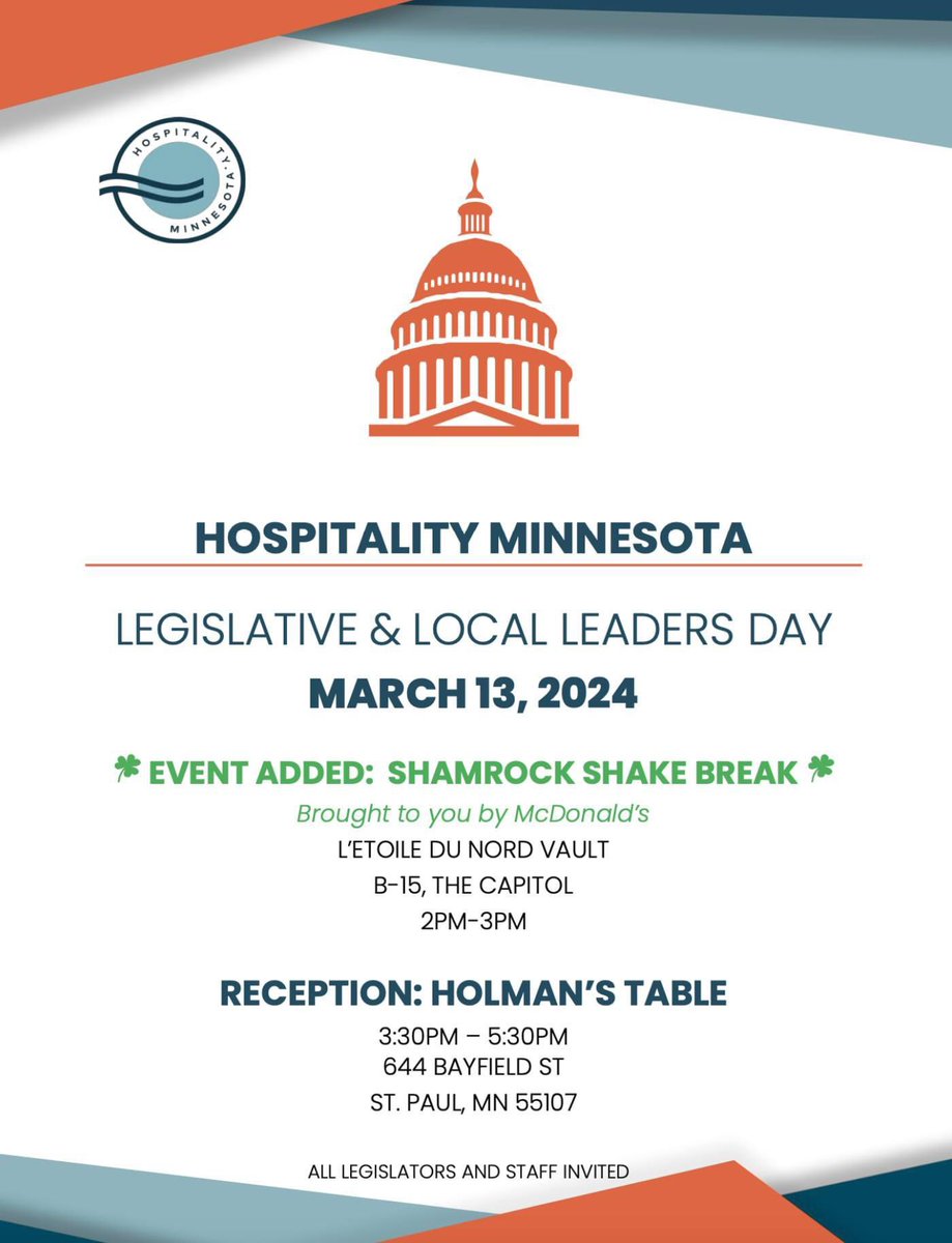 Hey #mnleg! ICYMI (the email and flyer sent last week), @Hospitality_MN is hosting two great events on Wed, March 13! ☘️☘️Shamrock Shake Break ☘️☘️ from 2-3 in the Vault Room, State Capitol Reception at Holman’s Table in St. Paul from 3:30-5:30 pm Stop by!