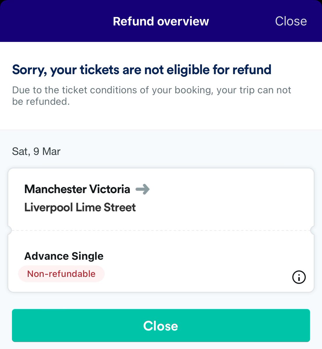 JuliaaCoo's tweet photo. @TPEassist I can’t begin a refund with Trainline. It’s says I’m not eligible however if TPE cancel the train I am surely eligible? https://t.co/NHygq8yJnT