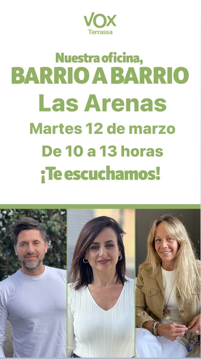 VoxTerrassa's tweet photo. Nuestra oficina: la calle.
Hablemos de lo que de verdad os preocupa. Contacta con nosotros por privado o a través de nuestro correo electrónico: secretariavox@terrassa.cat
Nos vemos este martes en Las Arenas.
#CuidaTerrassa #BarrioABarrio https://t.co/EwM868LAWi
