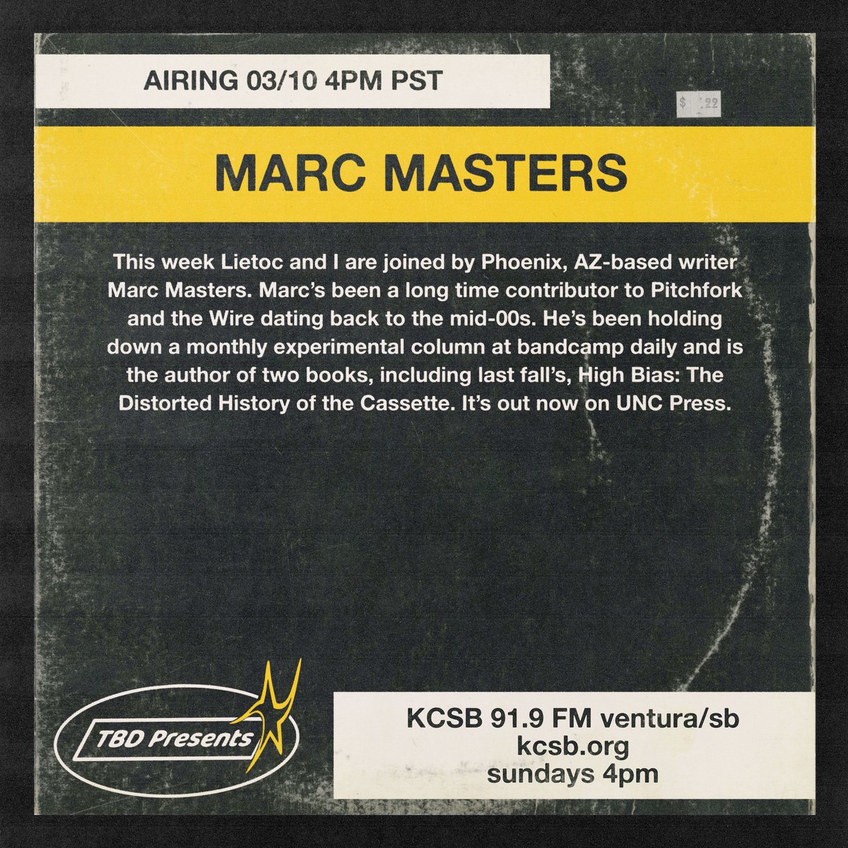 Broadcasting today at 4pm on <a href="/KCSB/">KCSB-FM 91.9</a>!
TBD (Thomas and <a href="/GhostPlanetMatt/">Wane Lietoc</a>) to chat with @Marcissist about his history freelancing, the ecstatic reception to Hi Bias, a possible NO WAVE book reissue, and many other curios from the writer. Tune in!