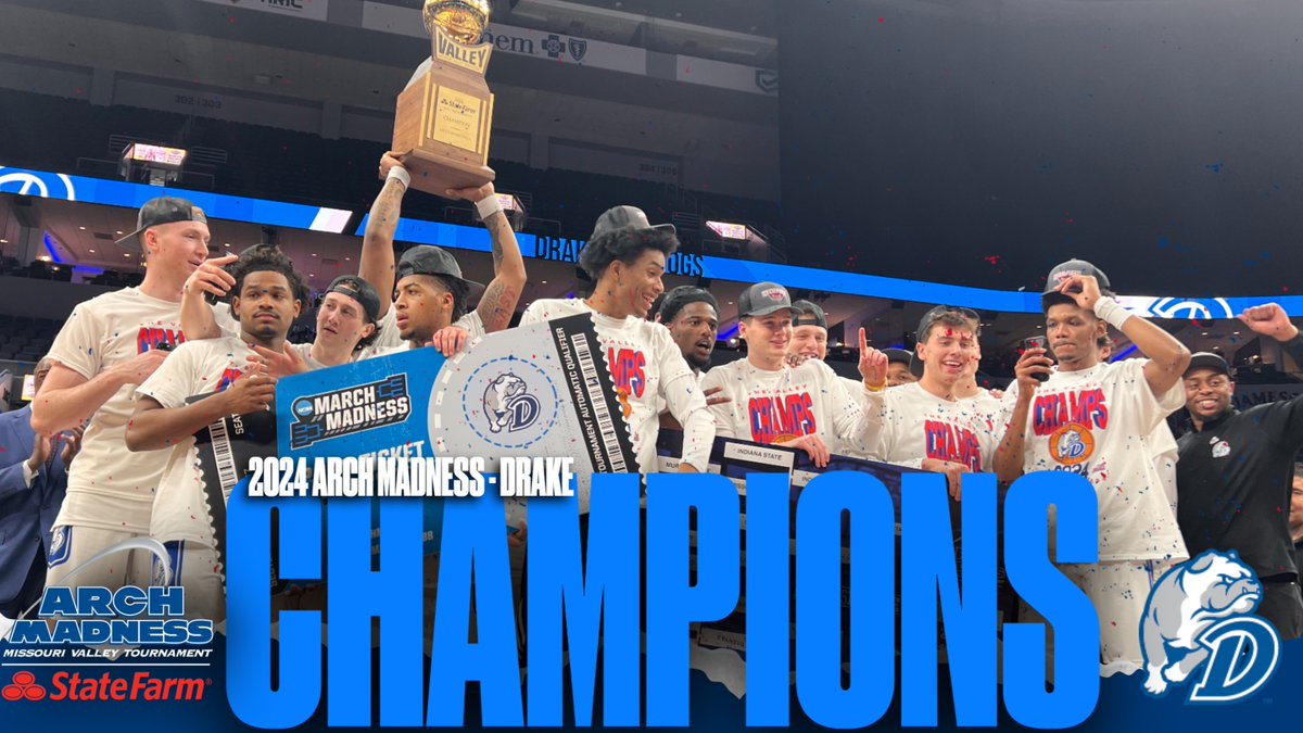 MVCsports's tweet photo. 👑Champion CROWNED👑

@DrakeBulldogsMB Claims the 2024 MVC Arch Madness Tournament title AND the automatic bid into the NCAA March Madness Tournament‼️

#ValleyHoops x #ArchMadness x #MarchMadness2024 https://t.co/8jFbo1hjCB