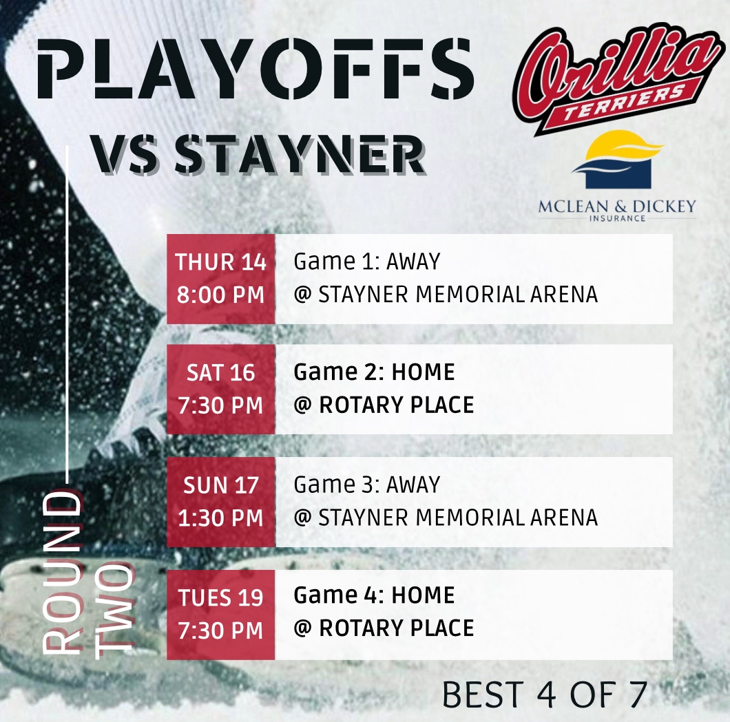 Your McLean &amp; Dickey Orillia Terriers swept Huntsville in the 1st Round &amp; are onto Round 2 of the PJHL Carruthers Division Playoffs facing off with the Stayner Siskins.

Best of 7

Game 1 🗓️ Thurs Mar 14 ⏰ 8pm📍Stayner Memorial