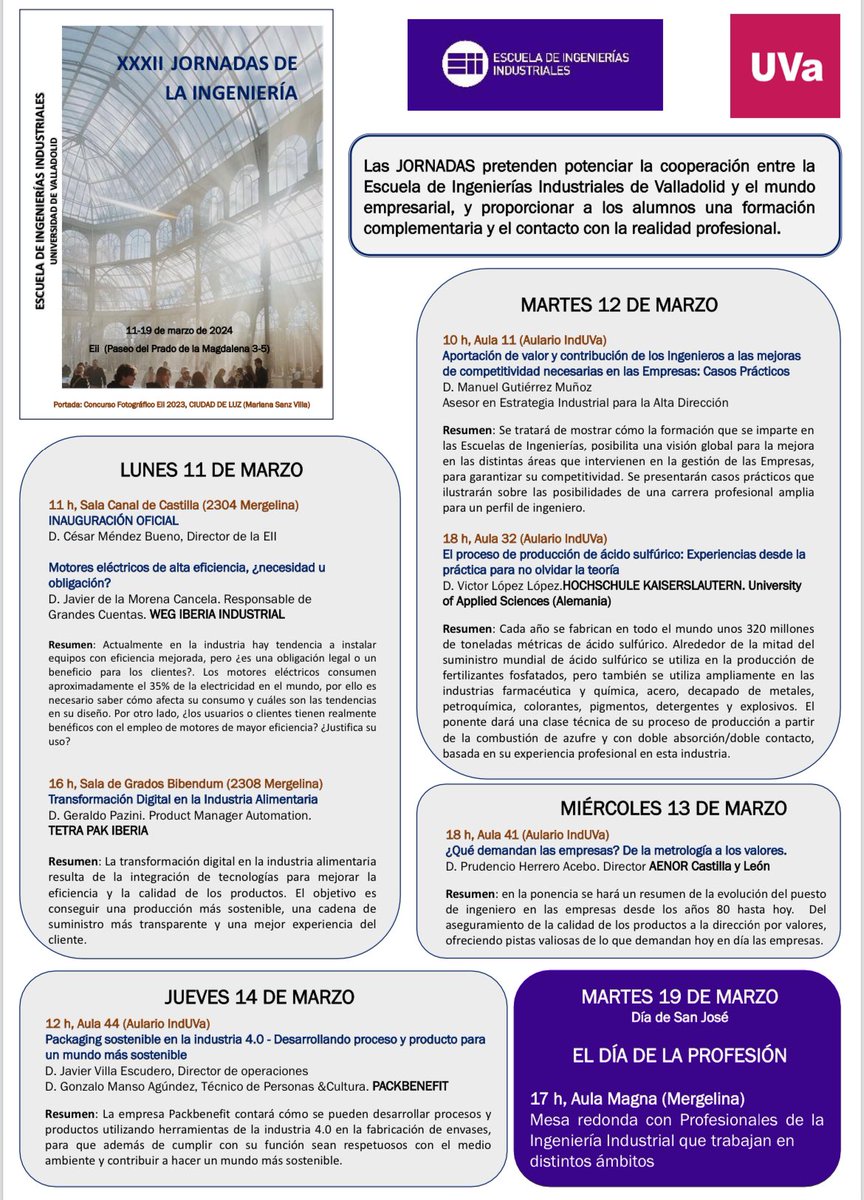 Los próximos días tienen lugar las XXXII Jornadas de la Ingeniería en la <a href="/EiiUVa/">Eii_UVa</a> Aprovechad esta oportunidad para conectar con la realidad profesional! <a href="/UVa_es/">Gabinete de Comunicación Universidad de Valladolid</a>