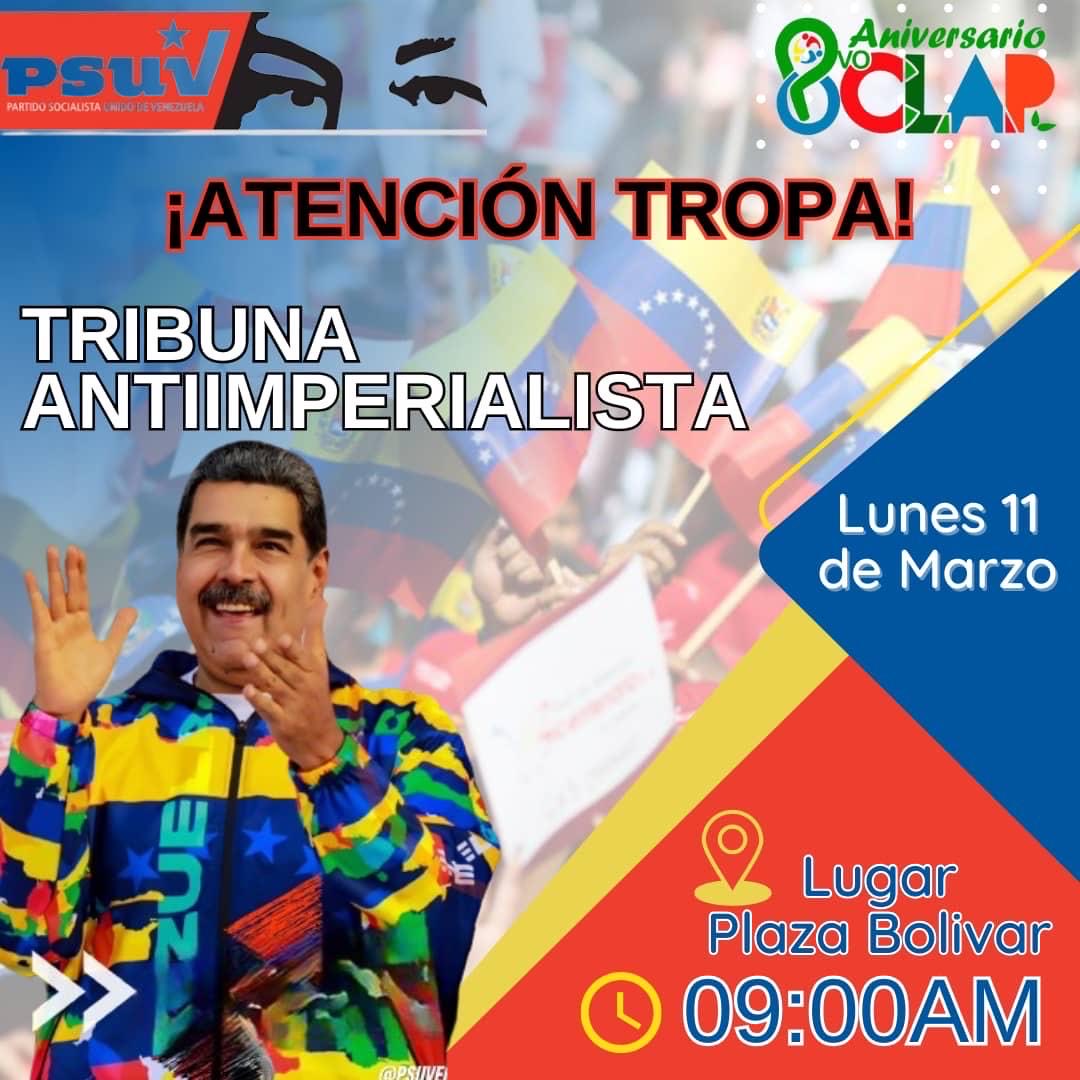 Nos vemos mañana lunes 11/03 en la plaza Bolívar de San Fernando de Apure en la gran Tribuna Antiimperialista, en ocasión del 8vo aniversario de los CLAP ⁦<a href="/NicolasMaduro/">Nicolás Maduro</a>⁩ ⁦<a href="/dcabellor/">Diosdado Cabello R</a>⁩ ⁦<a href="/delcyrodriguezv/">Delcy Rodríguez</a>⁩ ⁦<a href="/PartidoPSUV/">PSUV</a>⁩ ⁦<a href="/PSUVEnApure/">PSUV Apure</a>⁩