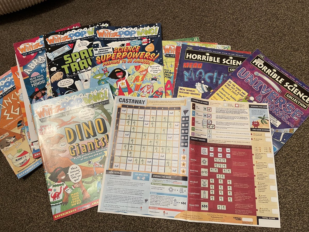 Ready for @ScienceWeekUK almost!! @whizzpopbangmag for Science book club tomorrow- with some Horrible Science magazines I found too 😂😂 Trying out Castaway by @EllieDixTweets with our science games club- love the print and play games!!