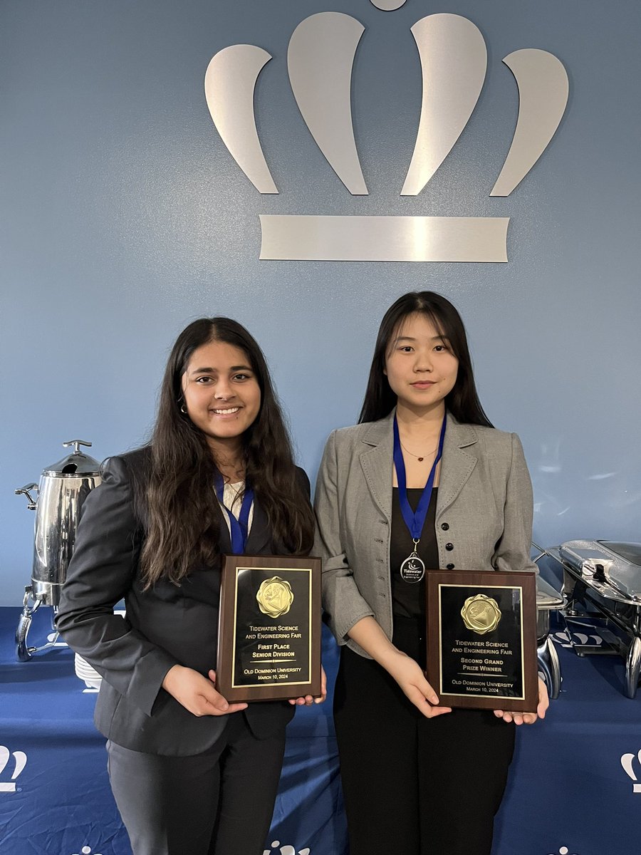 Glspeight's tweet photo. Congratulations to Grace Son and Malini Dharni for placing 2nd Grand Prize and runner up respectively at the Tidewater Science and Engineering Fair today at ODU. https://t.co/sMkEcC5foH