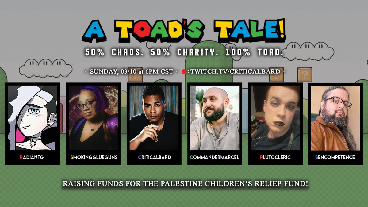 CritBard's tweet image. *in my Toad voice.* HEAR YE, HEAR YE!

At 6PM CST, come watch @RadiantG_, @smokingglueguns, @CommanderMarcel, @PlutoCleric, &amp;amp; @Bencompetence live their Toadly lives in a D&amp;amp;D one shot! 

Raising funds for @ThePCRF!
Donations = Player Incentives!

/// twitch.tv/criticalbard!