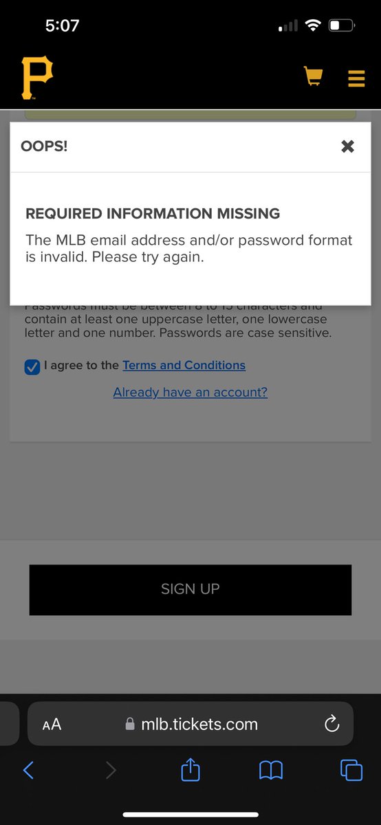 Eeka6687's tweet photo. @Pirates I am trying to purchase tickets today and keep getting an error.  Is there an issue with your website?  I don’t have an account and tried creating one. https://t.co/V0Y64oFdYs