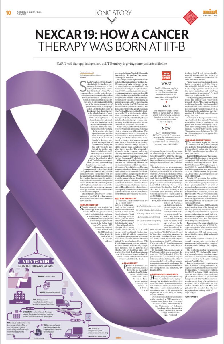 A professor at @iitbombay & docs in @TataMemorial developed a #cancer therapy over 7 yrs. Large pharma firms scoffed. Today, 98 patients have received the drug,50% show +response. Global scientists are shocked. How did they manage ? What’s their story? I find out @livemint