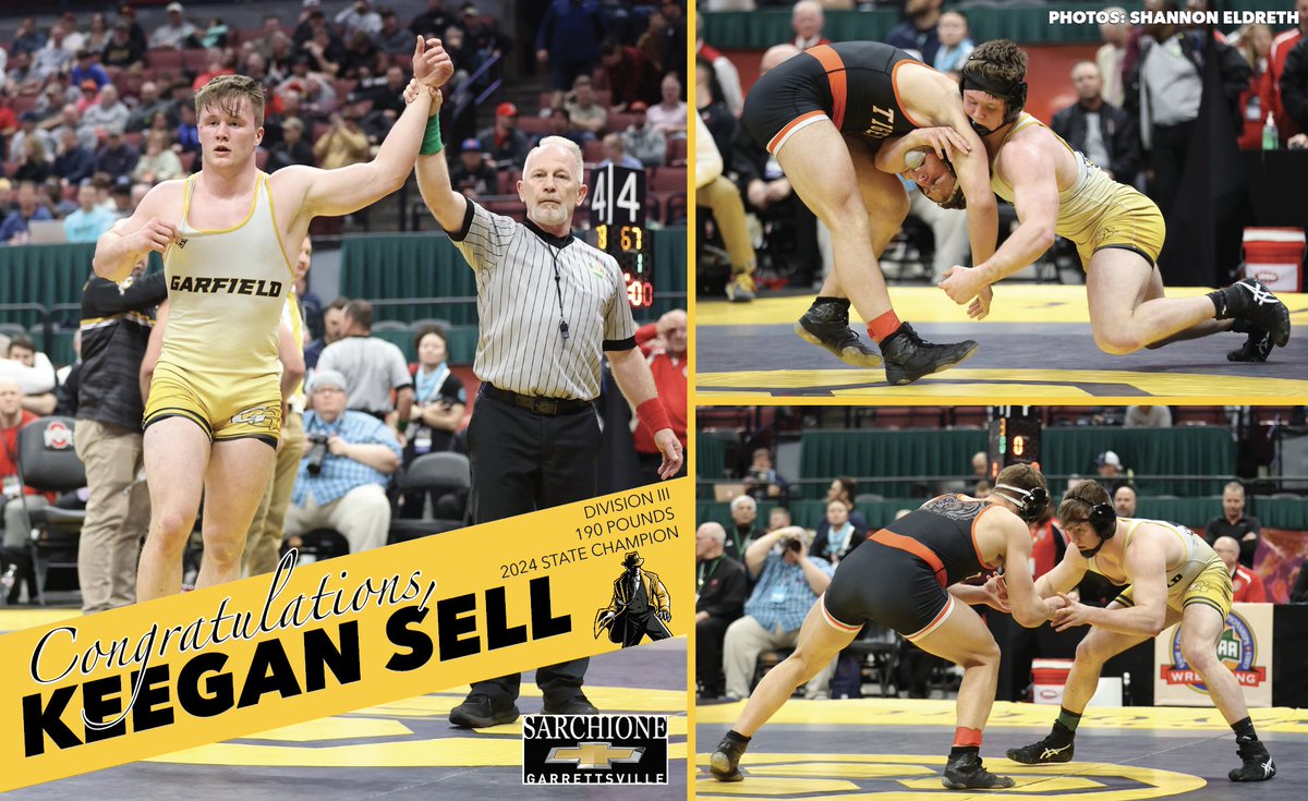 Congratulations to Garfield senior Keegan Sell! A two-time wrestling state champion! Sell defeated Liberty Center's Xander Myers 11-6 in a thrilling 190-pound Division III state final on Sunday!