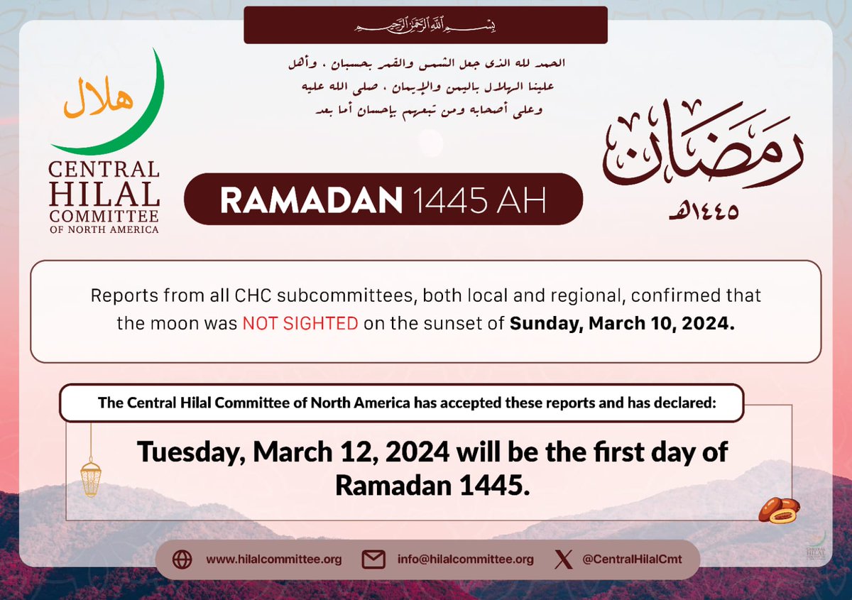 CentralHilalCmt's tweet photo. The Hilal was NOT sighted. First Ramadan 1445 will be on Tuesday, March 12, 2024. https://t.co/XOvHm027rP