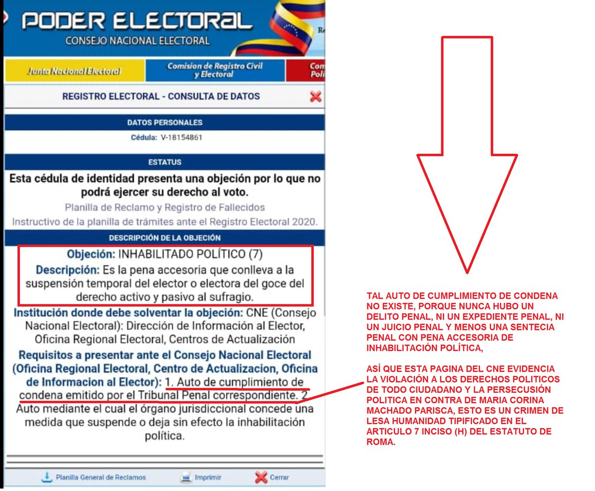 Alexmezza948's tweet photo. LA PÁGINA CNE DEJA EN EVIDENCIA LA CONTRADICCIÓN SOBRE LA INHABILITACIÓN POLÍTICA D @MariaCorinaYA YA QUE NUNCA HA EXISTIDO SENTENCIA PENAL CON PENA ACCESORIA D INHABILITACIÓN POLÍTICA, YA QUE TAMPOCO HUBO DELITO PENAL, EVIDENCIANDO DE MANERA FLAGRANTE UN CRIMEN DE LESA HUMANIDAD https://t.co/VYQARDJeXJ