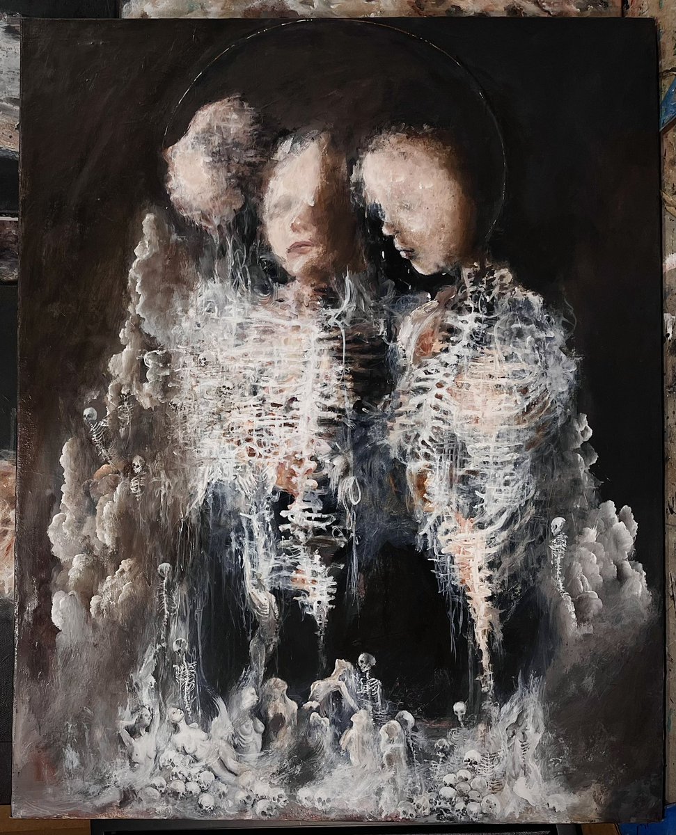 Hi everyone🤍
reposting this one still #wip I wanted to show the edge of the painting. I’m starting to add my floating skeletons and more in the bottom 🤍💀 zoom in to see the details