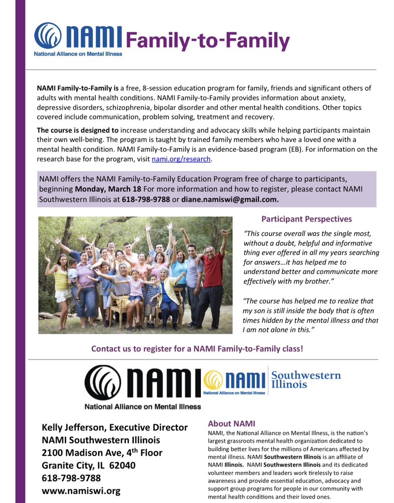 NAMI_SWI's tweet photo. New class forming now!

NAMI offers the NAMI Family-to-Family Education Program free of charge to participants, beginning Monday, March 18.  

For more information and how to register, please contact NAMI Southwestern Illinois at 618-798-9788 or diane.namiswi@gmail.com. https://t.co/Xa79GeIB5W