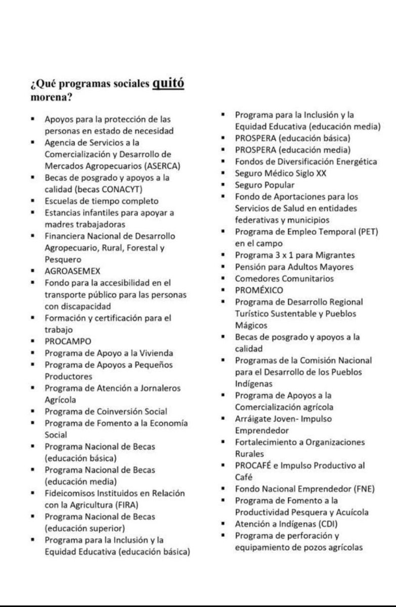 Jorge_Calvo's tweet photo. Aquí les pongo el listado completo de los programas que quitó López Obrador. Para que vean que no fue un honor....me dicen si falta o sobra alguno.  Por favor. https://t.co/P8WFaaKeL6