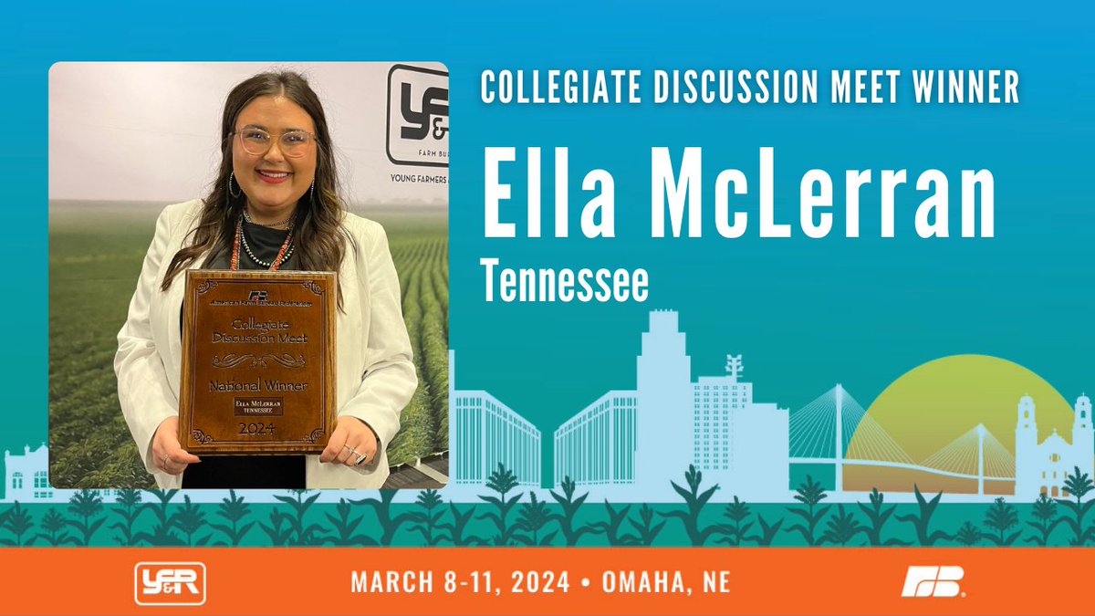 AFBF Young Farmers & Ranchers (@afbfyfr) on Twitter photo A big congratulations goes out to Ella McLerran of the <a href="/TNFarmBureau/">Tennessee Farm Bureau Federation</a> for winning the Collegiate Discussion Meet. #YFR24 #GrowLeadNE A big congratulations goes out to Ella McLerran of the <a href="/TNFarmBureau/">Tennessee Farm Bureau Federation</a> for winning the Collegiate Discussion Meet. #YFR24 #GrowLeadNE