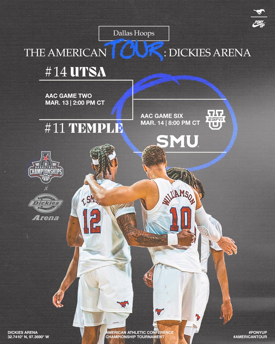 SMUBasketball's tweet photo. 𝐓𝐨𝐮𝐫𝐧𝐚𝐦𝐞𝐧𝐭 𝐓𝐢𝐦𝐞.

SMU will play the winner of AAC Game 2: #14 UTSA vs. #11 Temple. Full details 👉 https://t.co/jLsjvIvIId

#PonyUpDallas | @American_Conf https://t.co/ArDSEoeE4X