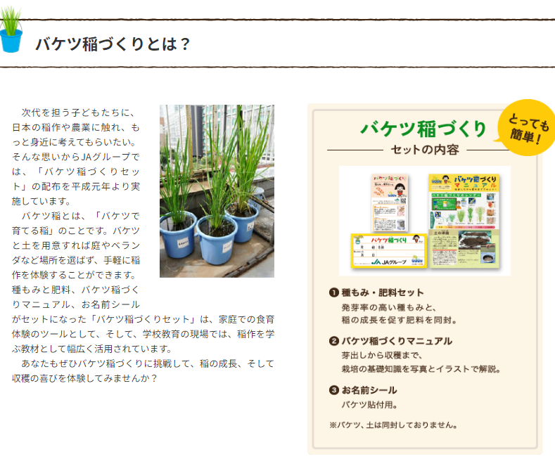 chukenDr's tweet photo. JAさん凄い…。子供達に、日本の農業に触れてほしいという思いから、バケツで育てられる「バケツ稲」セットを配布してる。肥料やマニュアルなど一式がセットになってて、バケツと土さえあれば誰でも簡単にお家でお米作りが体験でき、全国一律276円の送料だけで貰える。全家庭に届けぇ…。 https://t.co/5broVv3lVd